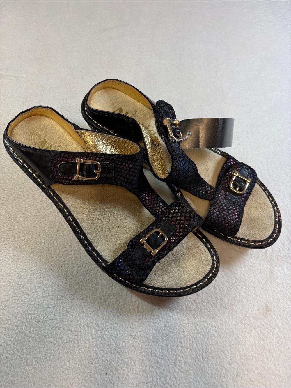 Alegria Black Iridescent Slide Sandals with Gold Buckles